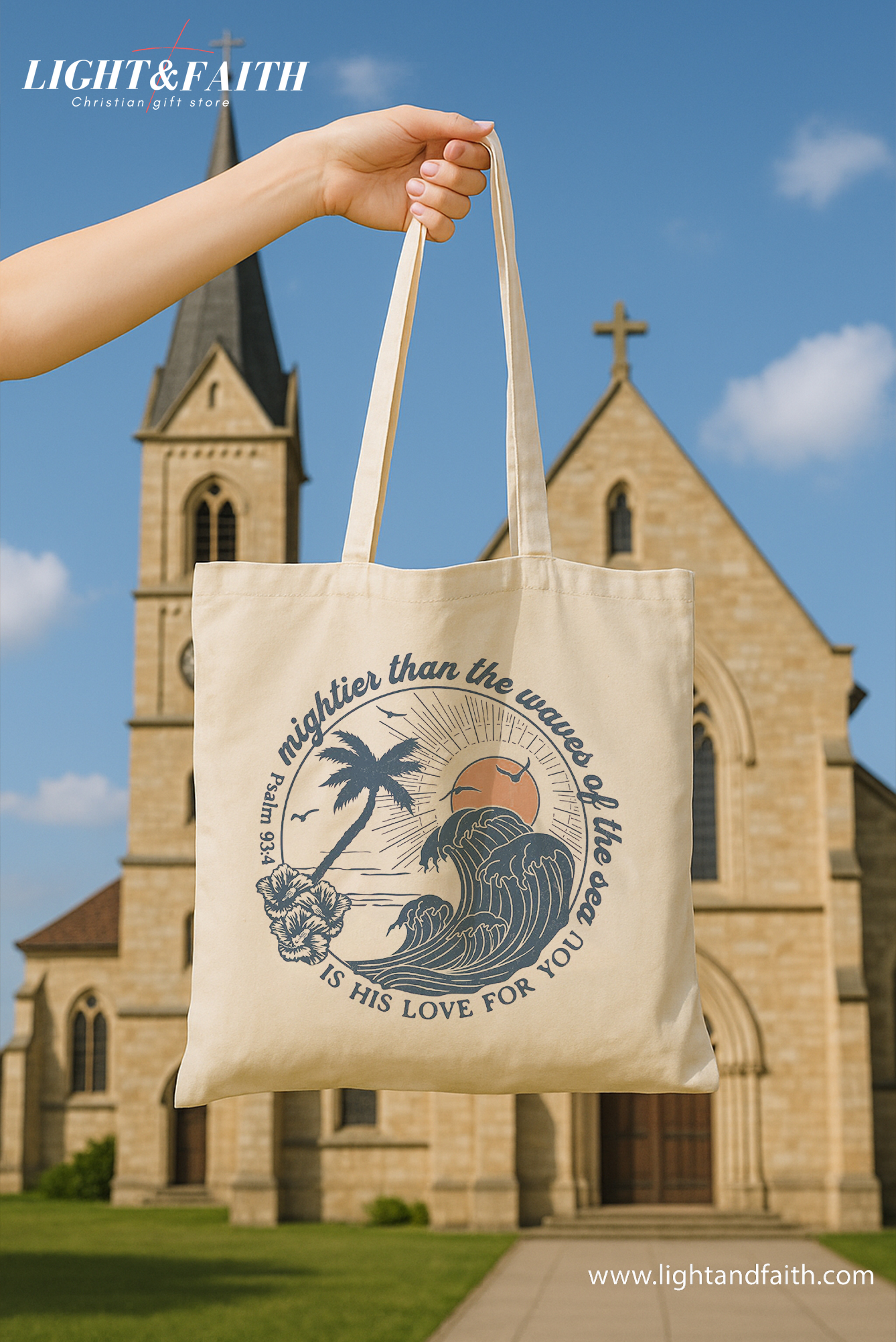Mightier Than the Waves Tote Bag, Psalm 93:4 Christian Beach Bag, Bible Verse Canvas Tote, Faith Quote Gift, Ocean Scripture Tote Bag TBLAF53